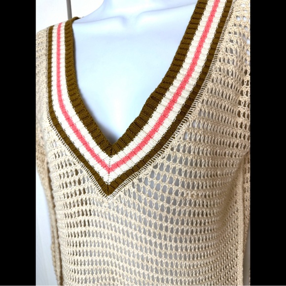 WE THE FREE People Varsity Sweater Open Knit VNeck Stripe Ivory Cream Pink Brown - Picture 5 of 11